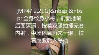 [MP4/ 2.21G]&nbsp;&nbsp; 全身纹身小哥，前面插嘴后面舔逼，按着双腿抽插无套内射，中场休息再来一炮，扶着屁股后入爆插